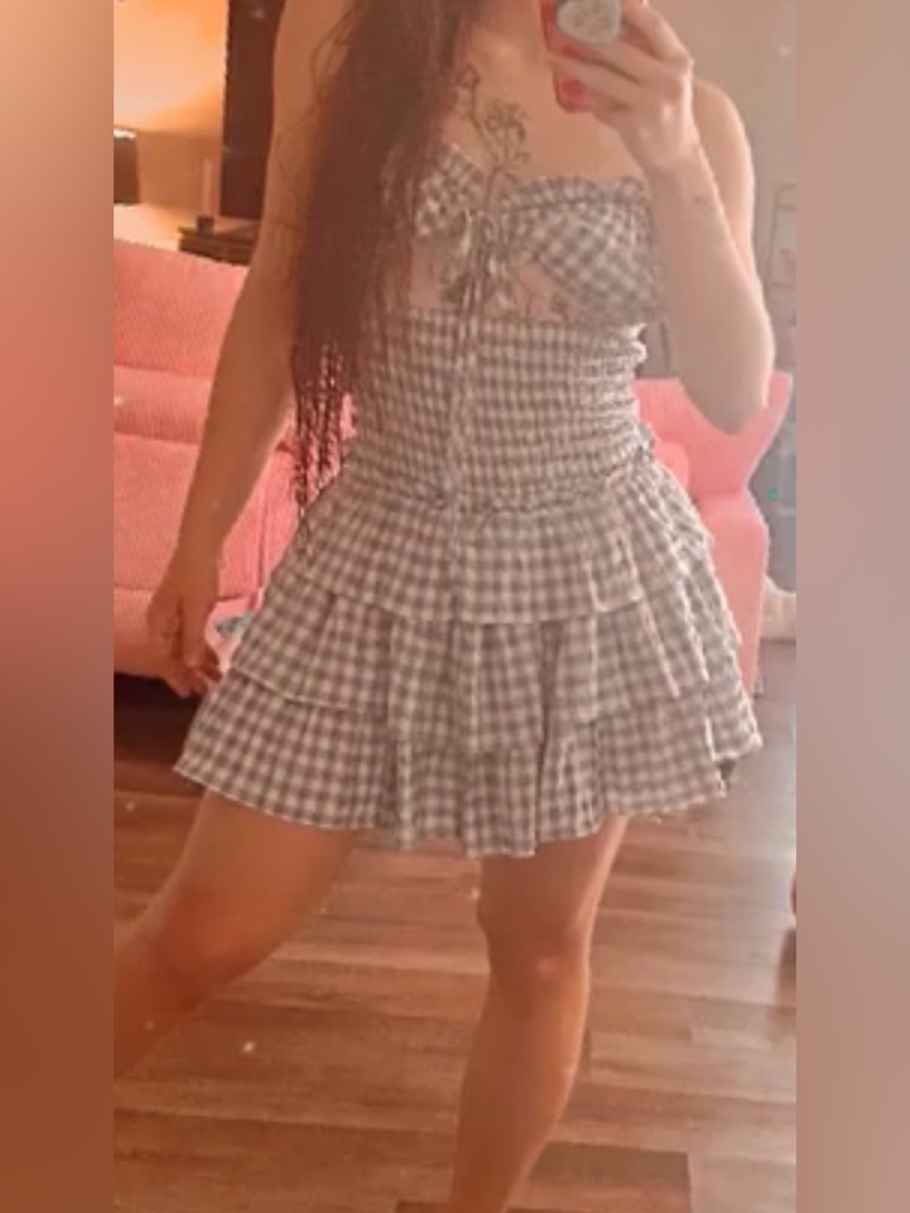 Able Blue & White Gingham Tiered Mini Dress with Cutout